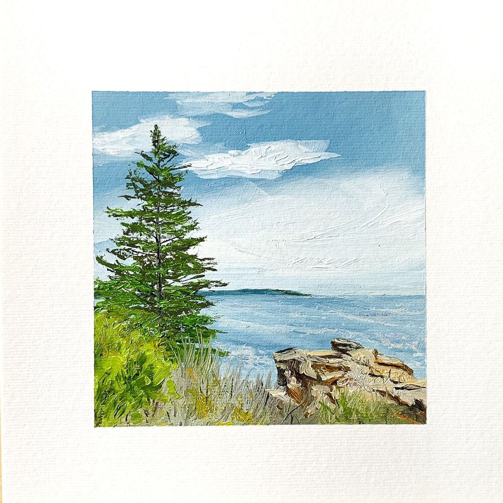8x8 Maine Original Oil Painting Acadia Pinetree Rock Atlantic Ocean Art Signed